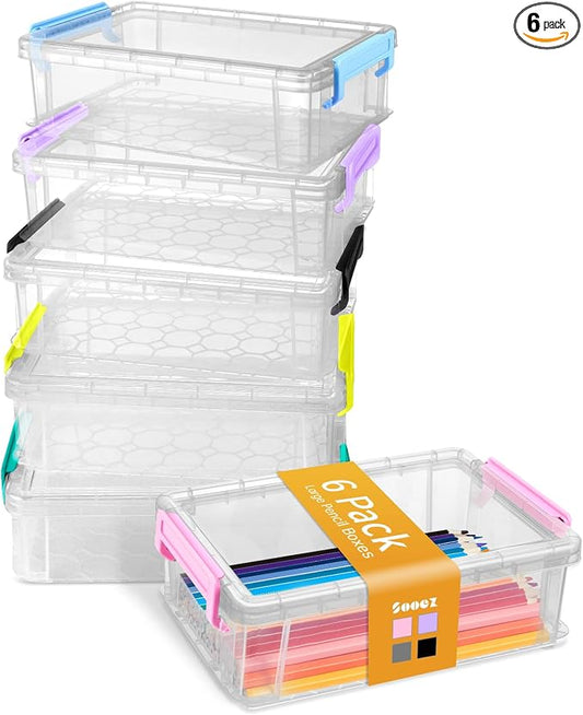 Sooez 6 Pack Extra Large Pencil Box, Plastic Pencil Case Crayon Box | Clear Marker Organizer Plastic Containers with Lid, Stackable Storage Boxes for Art Craft,Back to School Supplies, Multi