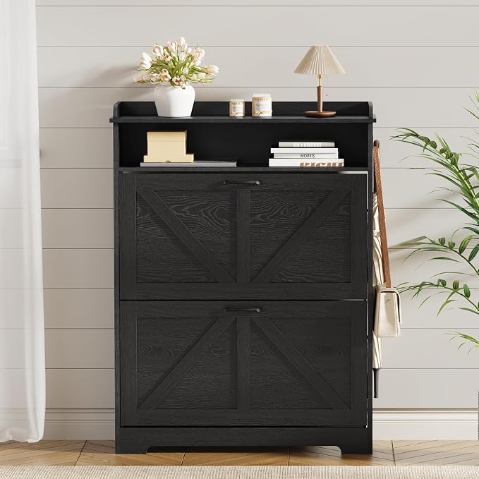 Farmhouse Shoe Cabinet Organizer with 2 Flip Drawers, 31.5" W Black | Freestanding shoe cabinet with flip drawers ,space-saving storage for foyer hallway,Adjustable Shelves & 2 Hooks