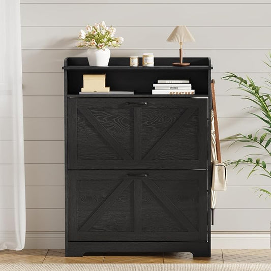 Farmhouse Shoe Cabinet Organizer with 2 Flip Drawers, 31.5" W Black | Freestanding shoe cabinet with flip drawers ,space-saving storage for foyer hallway,Adjustable Shelves & 2 Hooks