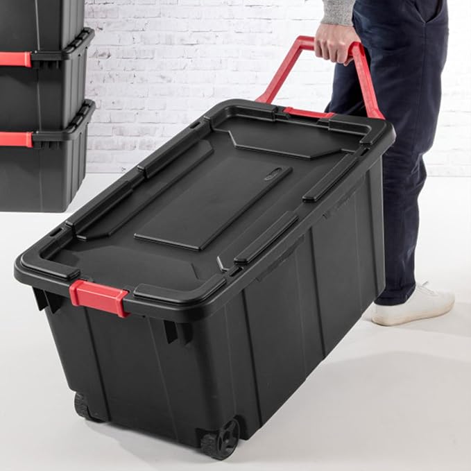Sterilite Industrial Storage Tote w/Wheels for Garage, 40 Gallon, 8-Pack | Heavy-Duty and Stackable Utility Box Containers for Home, Office, and Basement Organization, Black