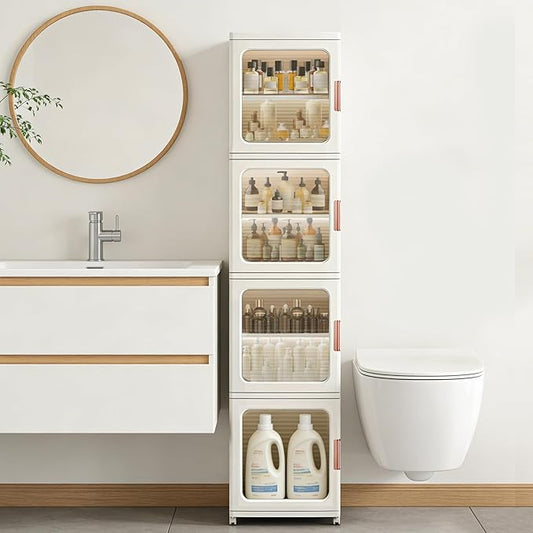 Tall Narrow Storage Cabinet, Plastic Organizer with Wheels, 4-Tier/White | Foldable Slim Cabinet for Bathroom, Kitchen, Laundry and Small Spaces, Adjustable Shelves & Magnetic Doors, Movable Wheels