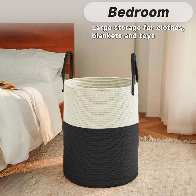 JMvicyroam 80L Cotton Rope Laundry Basket Hamper, White and Black | Collapsible laundry basket, reinforced handles, freestanding, machine washable, holds 3-5 thick blankets, clothes or toys