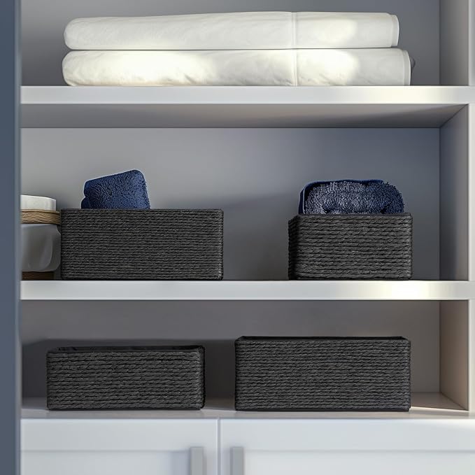 LA JOLIE MUSE Bathroom Basket Organizers, Paper Rope Storage, Black 4 Pack | Stackable, Sturdy Lined Woven Basket, Organizer for Toilet Paper, Laundry Room Essentials, Shelves and Nightstand Drawers
