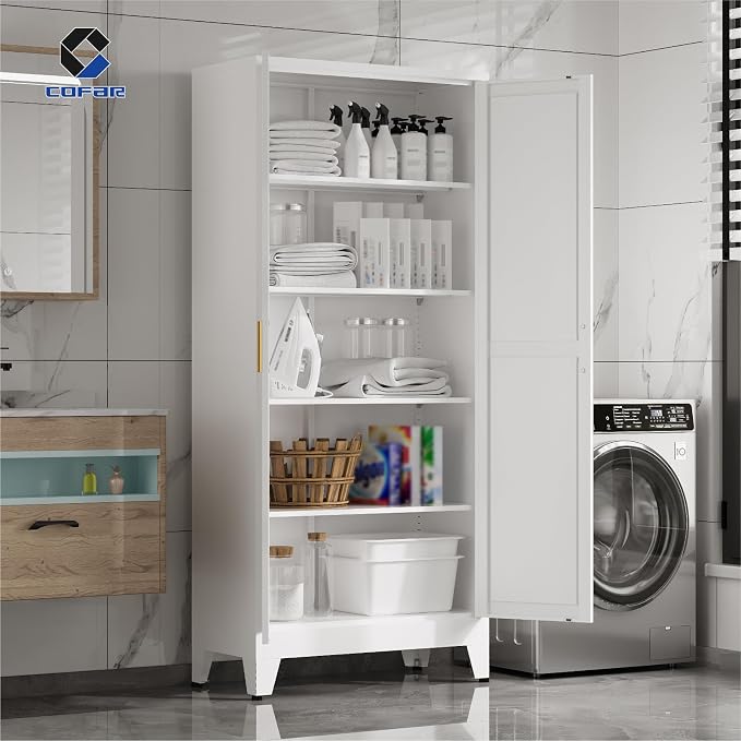 COFaR 71'' Tall Metal Storage Cabinet, Farmhouse Kitchen Pantry Cabinet with Doors and 4 Adjustable Shelves, White Metal Cabinets for Kitchen, Bathroom, Laundry, Garage, 5-Tier