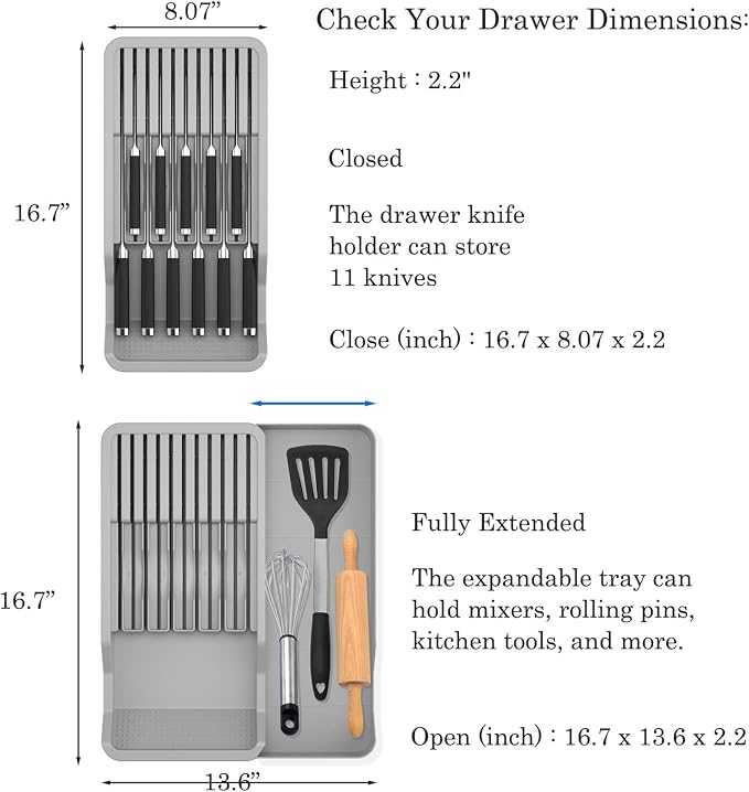 Expandable Drawer Knife Insert Organizer - Plastic Knife Storage Tray for Kitchen Drawers, Adjustable to Fit 11 Knives & Utensils, BPA-Free, Ventilated, Space-Saving, Easy to Clean