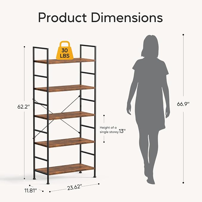 HealSmart 5 Tier Bookshelf, Free Standing Book Shelf Home Office Bookcase Shelf Storage Organizer for Bedroom, Bathroom, Living Room, Office, Balcony, Classic Black