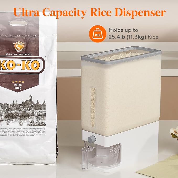 Lifewit Rice Dispenser 25 Lbs(11.3kg), Rice Storage Container Sealed Moisture Proof with Measuring Cup for Kitchen Pantry Household, BPA-Free, 1 Pack Clear