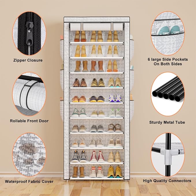 OYREL Shoe Rack Dustproof 10 Tier Tall Large Storage with 6 Storage Pocket | Space Saving Fabric Cover Shoe Organizer Shelf for Closet, Bedroom, Garage, Entryway, Narrow Free Standing Cabinet Holder