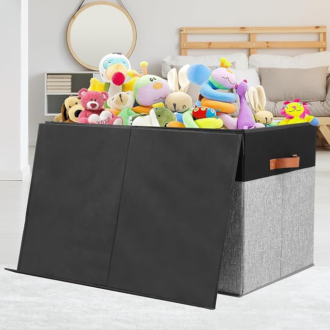 Large Toy Storage Box with Lid, Toy Chest Bin Boxes Basket with Dividers | Sturdy Toy Organizer Bin for Kids, Boys, Girls, Nursery, Living Room, Bedroom, Playroom 25"x13" x16" (Black and Grey)