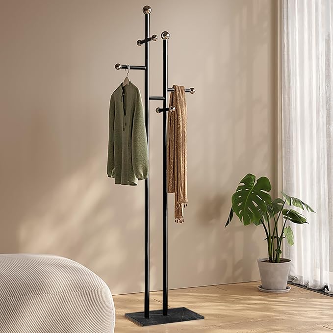 Metal Standing Coat Rack for Entryway Bedroom Living Room (Black) | Easy Assembly, Compact Footprint, Space Saver, Metal Frame, Marble Base, Sturdy, 8 Spherical Hooks, Office, Corner