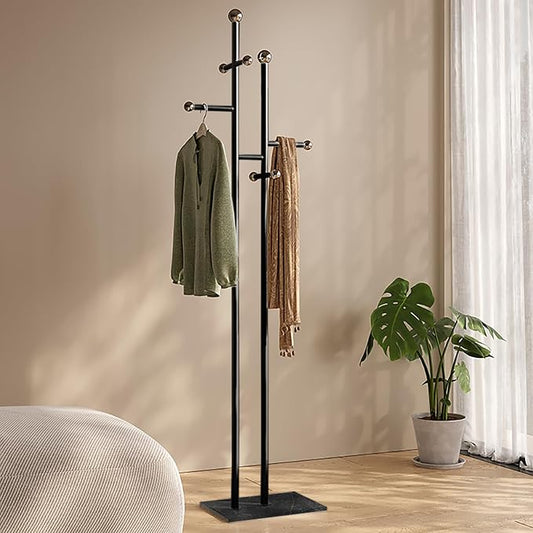 Metal Standing Coat Rack for Entryway Bedroom Living Room (Black) | Easy Assembly, Compact Footprint, Space Saver, Metal Frame, Marble Base, Sturdy, 8 Spherical Hooks, Office, Corner
