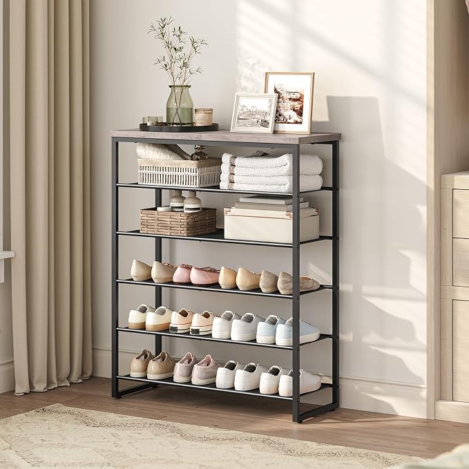 HOOBRO Shoe Rack, 6-Tier Shoe Organizer, for 18-24 Pairs of Shoes, Large Capacity Shoe Storage Shelf, for Entryway, Closet, Hallway, Dorm Room, Industrial, Greige and Black BG67XJ01G1