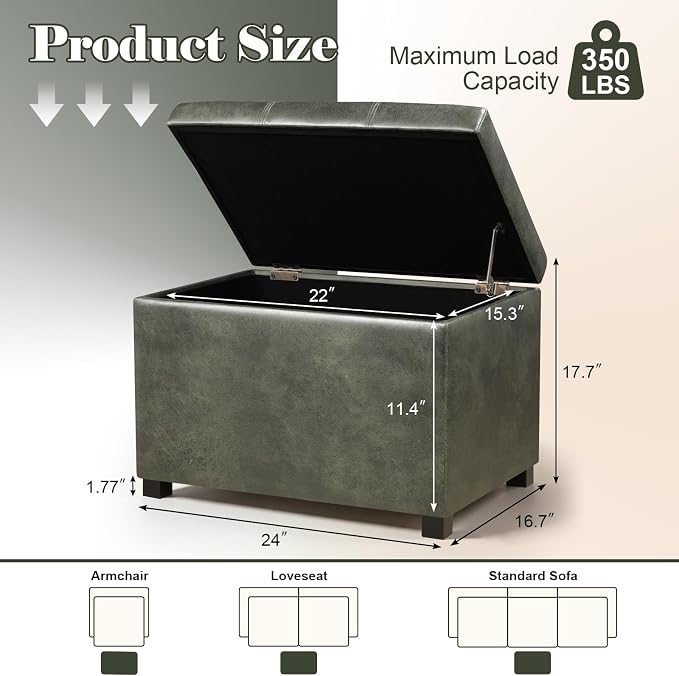 24" Faux Suede Storage Ottoman Bench, Rectangle Foot Rest Stool for Living Room, Bedroom, Entryway, Moss Green