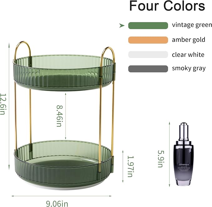 YCIA&DONE 360 Rotating Makeup Organizer and Storage for Vanity Countertop 2 Tiers, High Capacity Cosmetic Skincare Perfume Organizers for Dresser Bathroom Lazy Susan (Vintage Green)