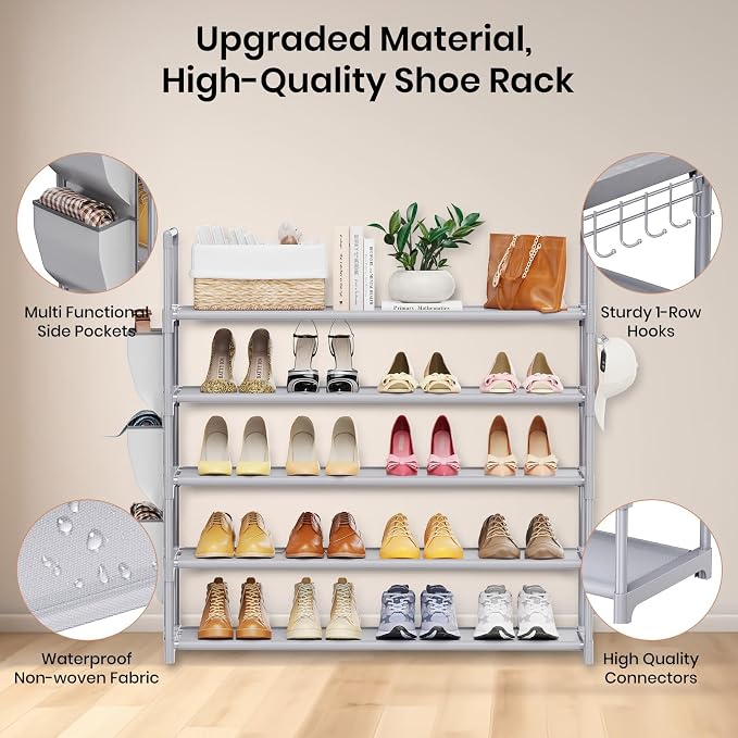 VILICK Shoe Rack for Closet Shoe Organizer Space Saver Storage for 20-25 Pair Shoe Shelf with Hook and Side Pocket Free Standing 5 Tier Shoe Rack Organizer for Entryway,Small Spaces, Grey