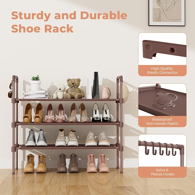 LANTEFUL 3 Tier Shoe Rack for Closet Shoe Organizer with 5 Hooks, Long Shoe Shelf Storage for Shoe and Boot Stackable Free Standing Shoe Rack for Entryway, Garage, Small Spaces, Dorm, Brown