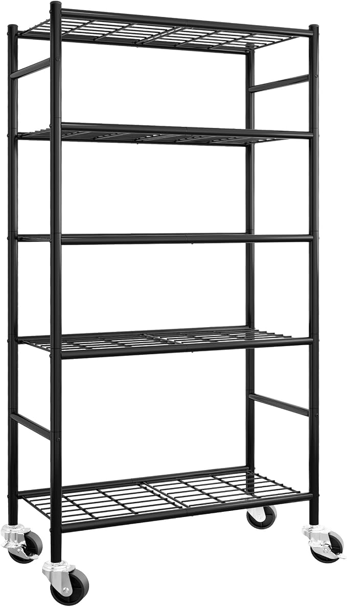 Sakugi 5-Tier Storage Shelves 33.1" x12.6" x73.5" Black with Wheels | Kitchen, Closet, Pantry, Garage, Heavy Duty, Adjustable Feet, Metal Construction