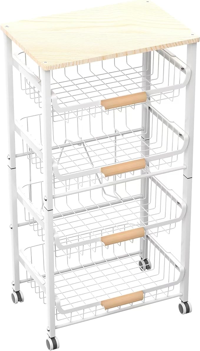 NiuYichee 5-Layer Fruit Basket Kitchen Food Storage Organizer and Storage Rack, Stackable Storage cart with Desktop, Pull-Out Hollow Metal Storage Basket, Wheeled Sorting Rack Spice Rack