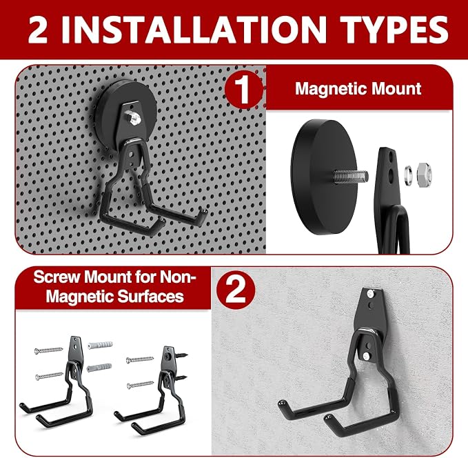 3-H Heavy Duty Magnetic Hooks,No-Drill Garage Power Tool Holder, 4 Pack | Patented Extended Right-Angle Support boosts load capacity. Works on iron & steel surfaces, perfect for workshop,shed