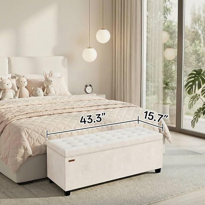 ABHENG Velvet Storage ottoman bench with legs,43.5”W x 15.7”D x 15.7”H,metal frame end of bed bench hold up to 770 LB,Large Storage Chest hold up to 770 LB,White UASND623W