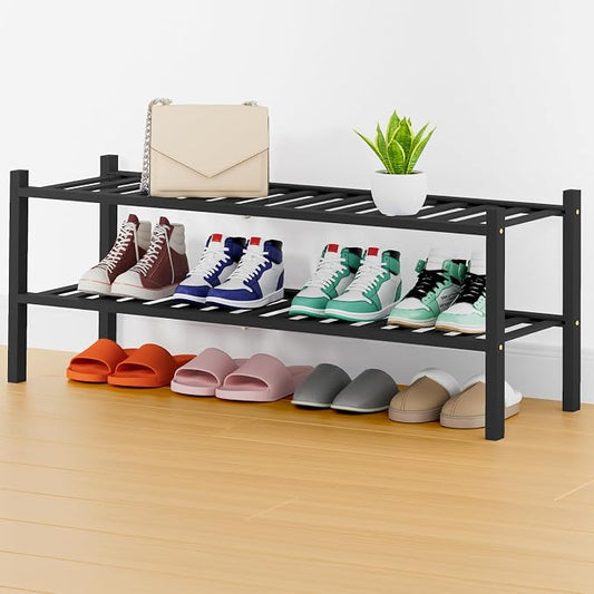 Smiry Bamboo Shoe Rack, 14 Vertical Slats, 2 Tier - 33.7" Wide, Black | Stackable Free Standing Wooden Shoe Organizer, Wood Shoe Storage Shelf for Closet, Entryway, Thicher Leg