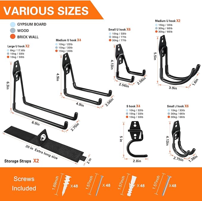 HUPBIPY 26 Pack Garage Hooks Heavy Duty Utility Steel with Anti-Slip Coating Wall Mount Storage Organizer for Hanging Power and Garden Tools, Ladders, Hose, Bikes, Ropes, Bulk Items, and More | Storage Organizer With a non-slip coating for Hanging Bicy...