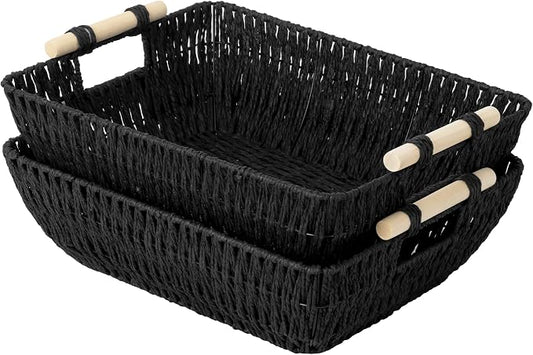 StorageWorks Large Wicker Storage Basket for Organizing, Toilet Paper Baskets for Shelf, Paper Rope Storage Baskets with Wooden Handles, Black, 2-Pack