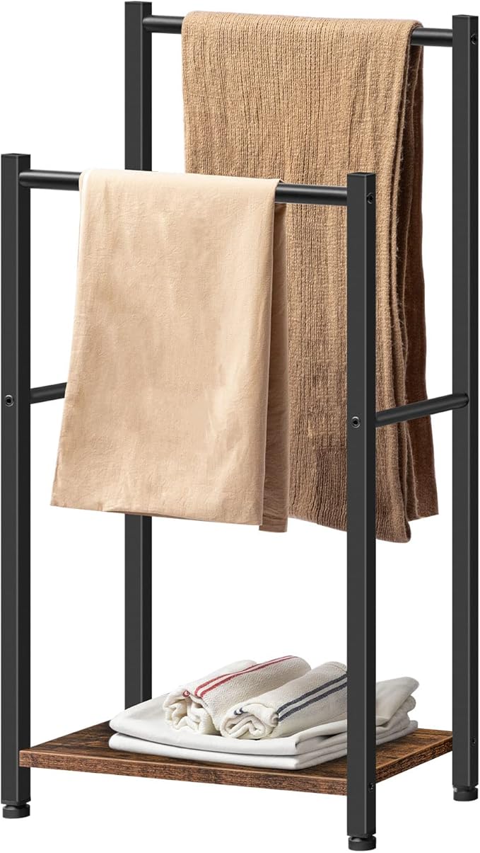 HOOBRO Free Standing Towel Rack for Bathroom, 2 Tier Blanket Rack, 16.5" L x 9.4" W x 31.5" H, Blanket Holder, Drying and Display Rack with Shelf, Rustic Brown and Black BF02LB01