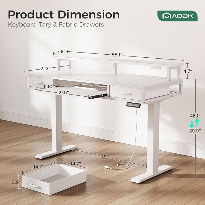 AODK 55 Inch Electric Standing Desk with Drawers & Keyboard Tray, White | 3 Outlets & 2 USB Ports, LED Lights, Monitor Stand, Cable Management Tray, 3 Memory Heights, 29.9"-46.1" in Range