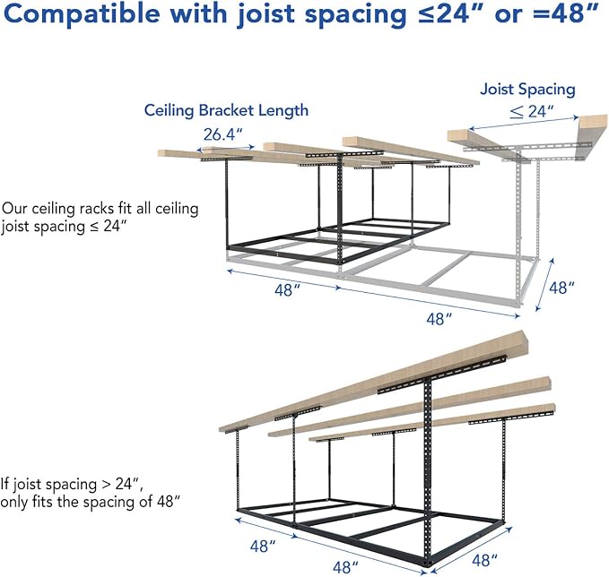 FLEXIMOUNTS 4x8 Overhead Garage Storage Rack, Without Decking, Black | 600 lbs capacity, Adjustable height, Heavy-duty steel, Ceiling mounted, Garage organization, Lite Series