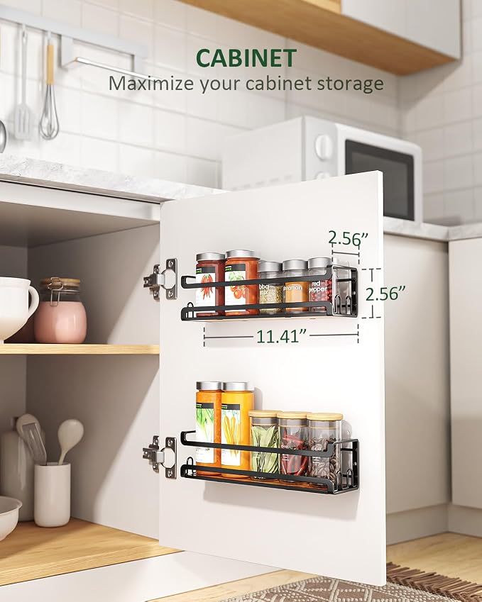 Doakhirmit Wall Mount Spice Rack, Black,4 Pack | 16 Hooks,Screw or Adhesive Installation , Hanging Organizer for Stove Cabinet Pantry Door Kitchen and RV Use