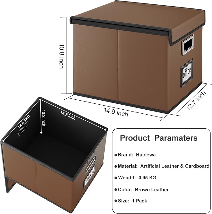 File Organizer Box with Lids, Collapsible File Folder Organizer | File Box with Plastic Slides for Document, Filing Bin for Letter Size Hanging File Folders (1 Pack, Brown, Leather)