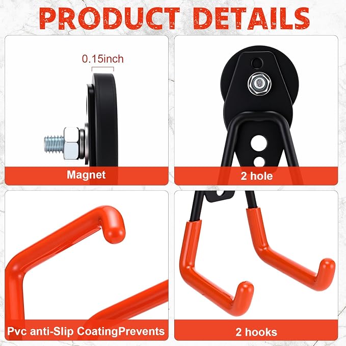 Landhoow 26 Pcs Large Magnetic Hooks Heavy Duty Garage Magnet Hooks Strong Storage Utility Magnetic Hangers with Anti Slip Rubber Coating for Indoor and Outdoor Hanging (Orange)