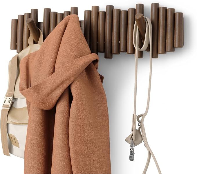 Umbra Picket Coat Rack, Wall Mount 8 Flip-Down Coat Hooks, Walnut | Beveled pine wood dowels, supports up to 5 lbs, mounting hardware included, space saving