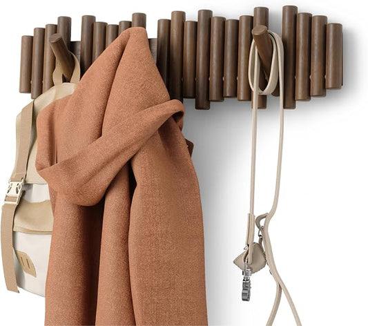 Umbra Picket Coat Rack, Wall Mount 8 Flip-Down Coat Hooks, Walnut | Beveled pine wood dowels, supports up to 5 lbs, mounting hardware included, space saving