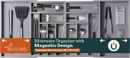Silverware Organizer Large, Magnetic Connected Expandable 13 Slots Silverware Drawer Organizer from 21 to 37.4 Inches, Adjustable Flatware and Cutlery Holder, Bamboo Utensil Tray for Kitchen Gray