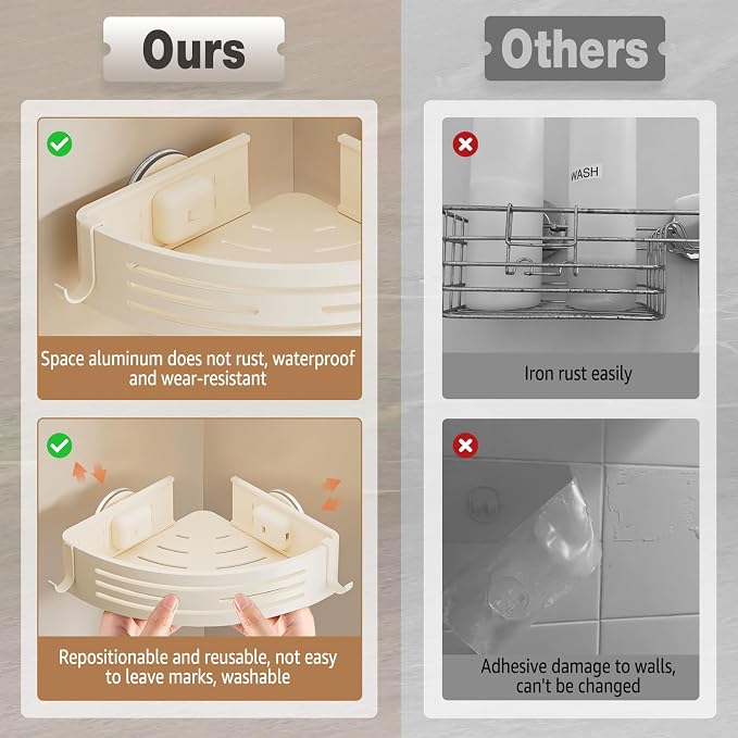 Conworld Corner Shower Caddy Suction Cups, No-Drilling Corner Shower Shelf | 1. No Drilling, No Wall Damage 2. Aluminum, Rustproof 3.Suitable for Ceramic Tiles and Glass Walls