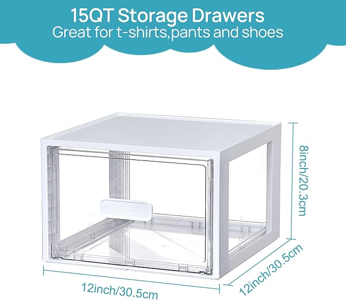 Vtopmart 4 Pack White Stackable Storage Drawers 15QT | Easily Assemble Closet Organizers,Plastic Storage Bins for Bathroom,Cabinet,Kitchen Pantry,Under Sink Organization(Medium)