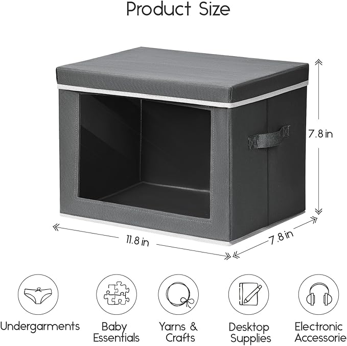 Homsorout Storage Bins with Lids - Small Fabric Organizers with Window, Collapsible Storage Bins for Clothes, Decorative Closet Organizers for Towels, Tshirt, 4 Pack, Dark Grey