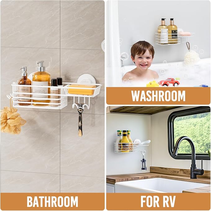 LEVERLOC Shower Caddy Suction Cup, Heavy Duty Bathroom Organizer | Shower Organizer for Inside Shower with Hooks & Soap holder, NO-Drilling Bathroom shelves-White
