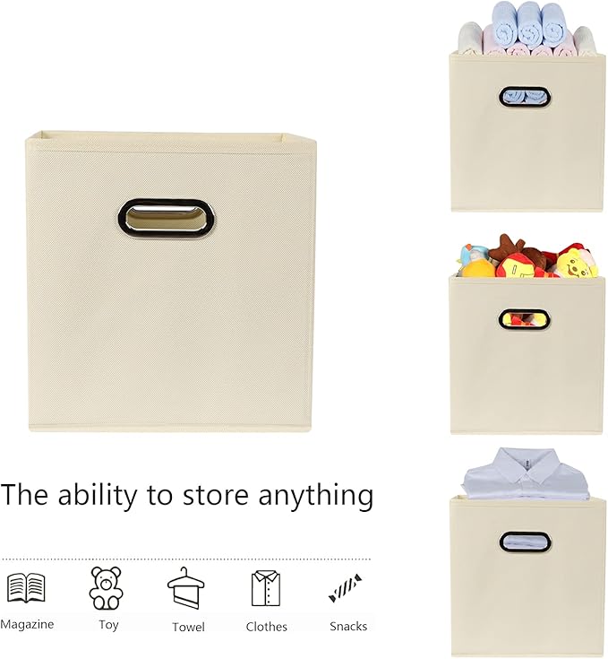 Yunkeeeper storage bins Cubes, Fabric Cube Organizer with Handle, Foldable Cube Bins for Cloth or Accessary Storage, 11x11x11, Set of 6, (Creamy White)