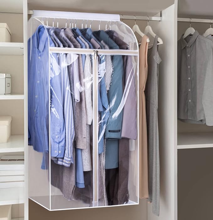 43" Hanging Garment Bags for Closet Storage Large Clear Window Hanging Clothes Storage Garment Rack Cover Coat Protector for Suit, Wardrobe, Bottom Enclosed