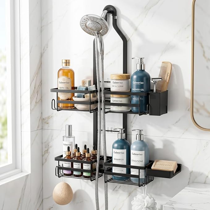 Shower Caddy Hanging for Handheld Showerheads, Adjustable Shower Organizer | Rustproof Bathroom Shelf Fits Handheld & Fixed Shower Heads, 12 Hooks, Soap & Toothbrush Holder, No-Drill Installation, Black
