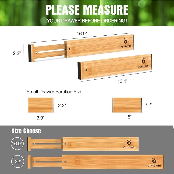 Bamboo Drawer Dividers Organizers, Drawer Separators Splitter,13-17 inches Long Adjustable Spring-loaded Organizer for Large Utensil, Clothes, Tools Drawers (4+3)