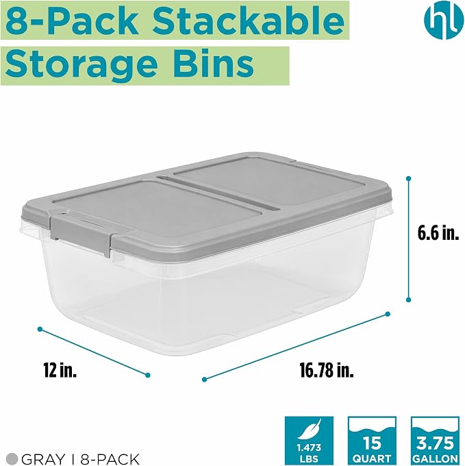 Home Logic 15 Qt Latched Storage Bin with Lid, Stackable Plastic Storage Container, Organizer for Home, Office & Classroom, 8 Pack, Gray