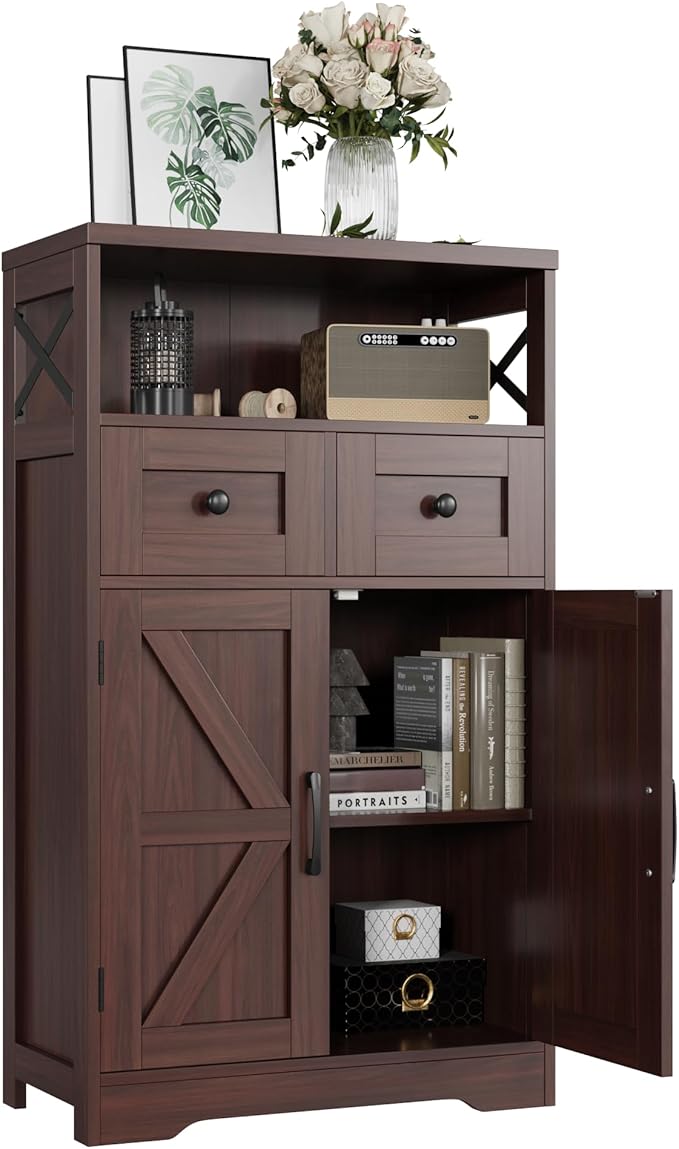Farmhouse Accent Storage Cabinet with Drawers, Small Kitchen Pantry Cabinet | Coffee Bar Cabinet Cupboard, 2 Storage Drawers, 2 Barn Doors & Adjustable Shelves, for Kitchen/Entryway/Living Room/Bathroom
