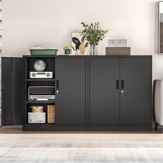 Wanfu Metal Storage Cabinet, 36" H Locking Storage Cabinet with 2 Adjustable Shelves, Metal Cabinets for Garage, Home, Office, Utility Room-Black