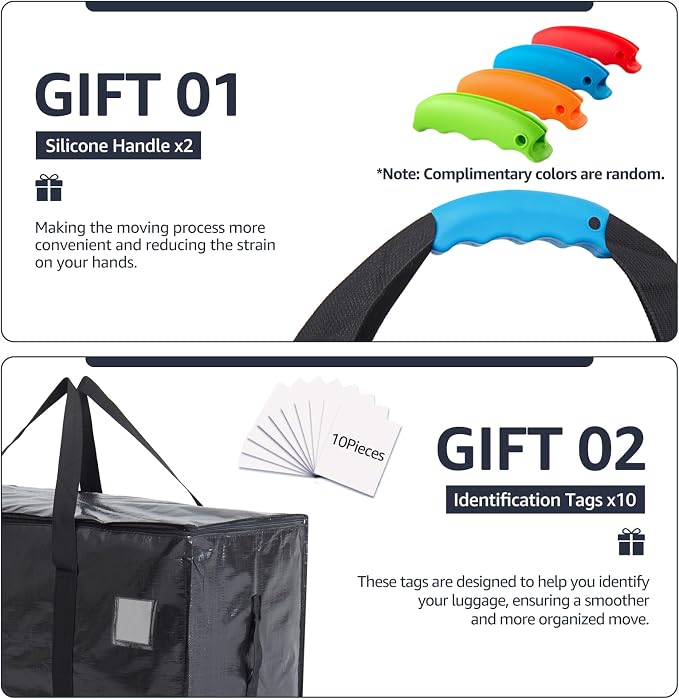 Moving Bags Heavy Duty Extra Large, Moving Boxes, Moving Supplies Essentials, Blue Storage Bins with Lids, Plastic Packing Totes, Storage Bags for Clothes with Handles & Zippers(Black, 10 Pack)