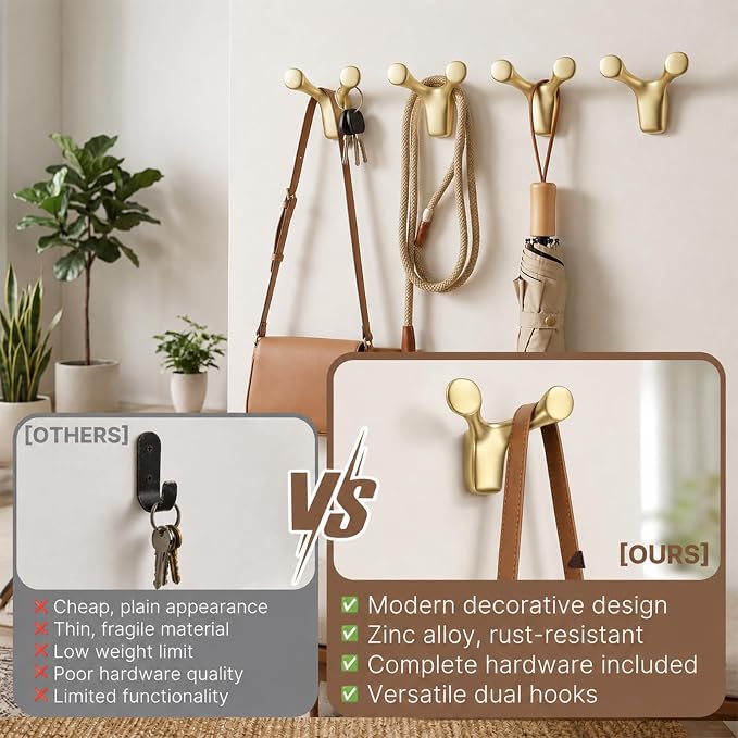 Coat Rack Wall Mount, Decorative Double Hanger Hooks, 4Pcs Gold Hook, Premium Zinc Alloy Y-Shaped/Antler Hooks for Towels, Bags, Hats, Cups & Keys, Ideal for Entryway, Bedroom, Bathroom, Kitchen