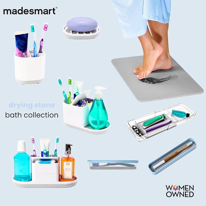 madesmart Drying Stone Expandable Toothbrush Organizer, Clear | diatomite, fast drying surface, divided layout, expandable, toothpaste floss, dental items, bathroom counter, woman owned